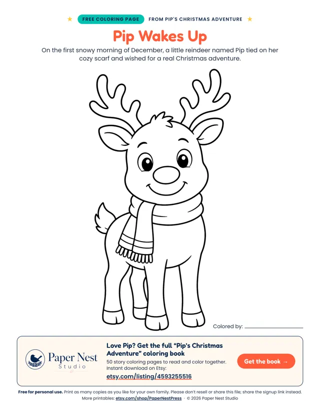 Preview of the free Pip Wakes Up coloring page: a little reindeer named Pip, ready to color