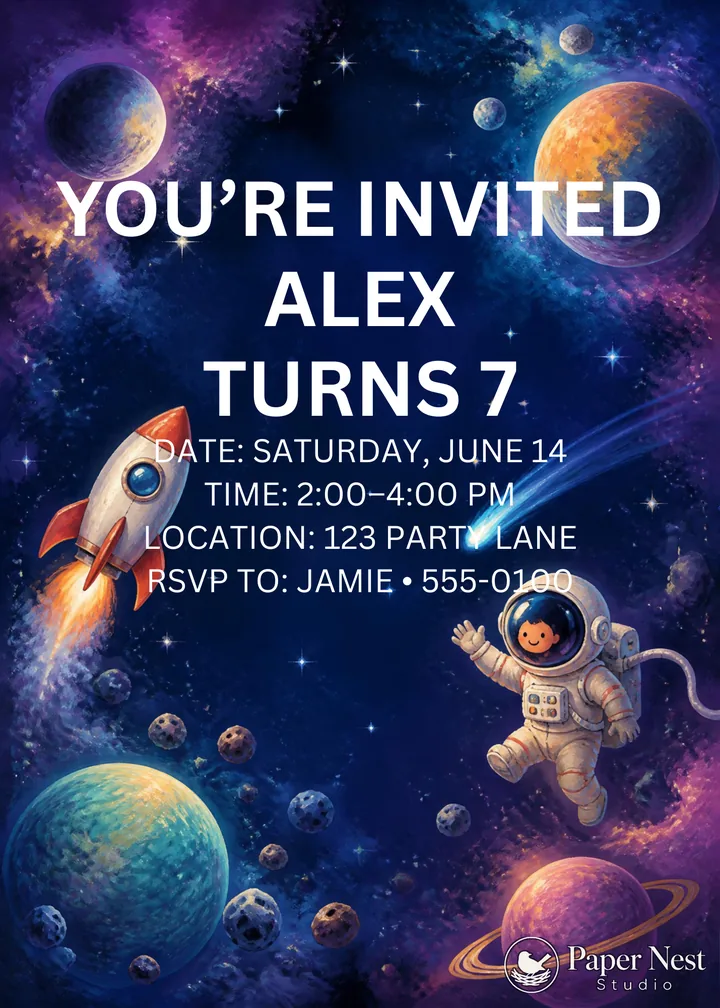 Space Birthday Invitation printable from Paper Nest Studio