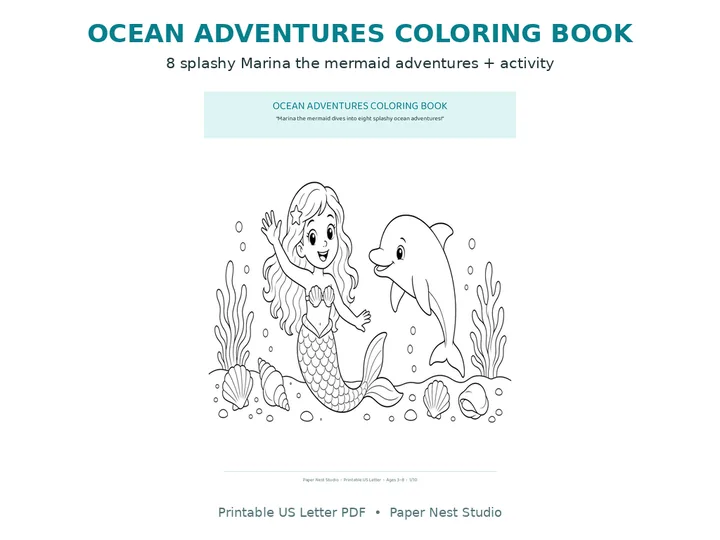 Ocean & Mermaid Coloring Book printable from Paper Nest Studio