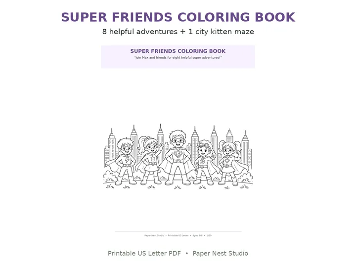 Super Friends Coloring Book printable from Paper Nest Studio