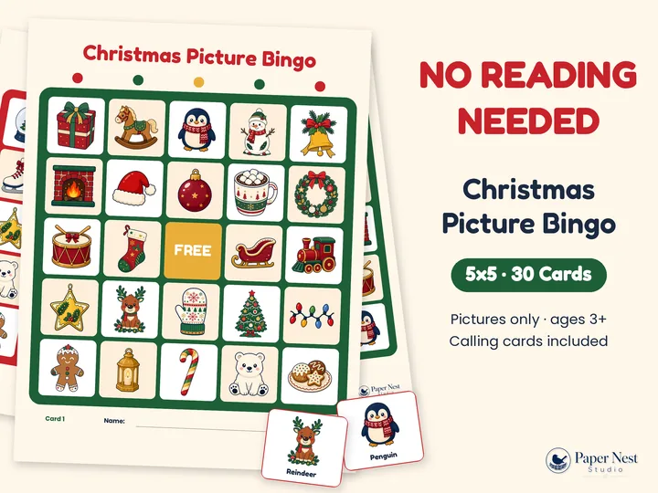 Christmas Picture Bingo for Kids printable from Paper Nest Studio